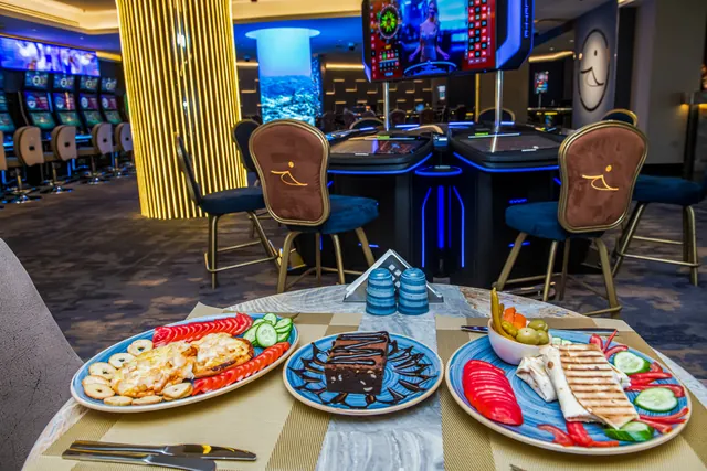Dishes served next to the gaming tables
